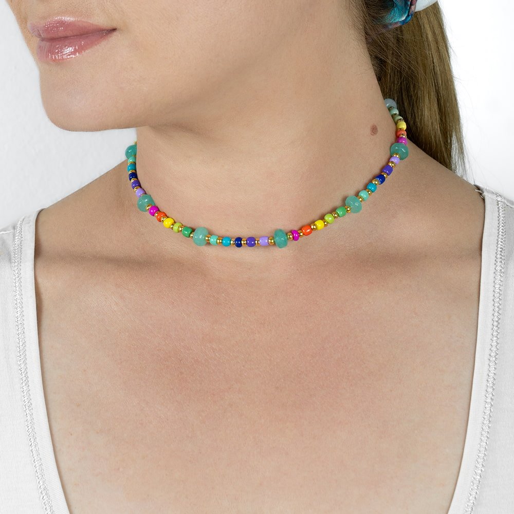 Indra Chrysoprase Semi Precious Gemstone Rainbow Beaded Choker