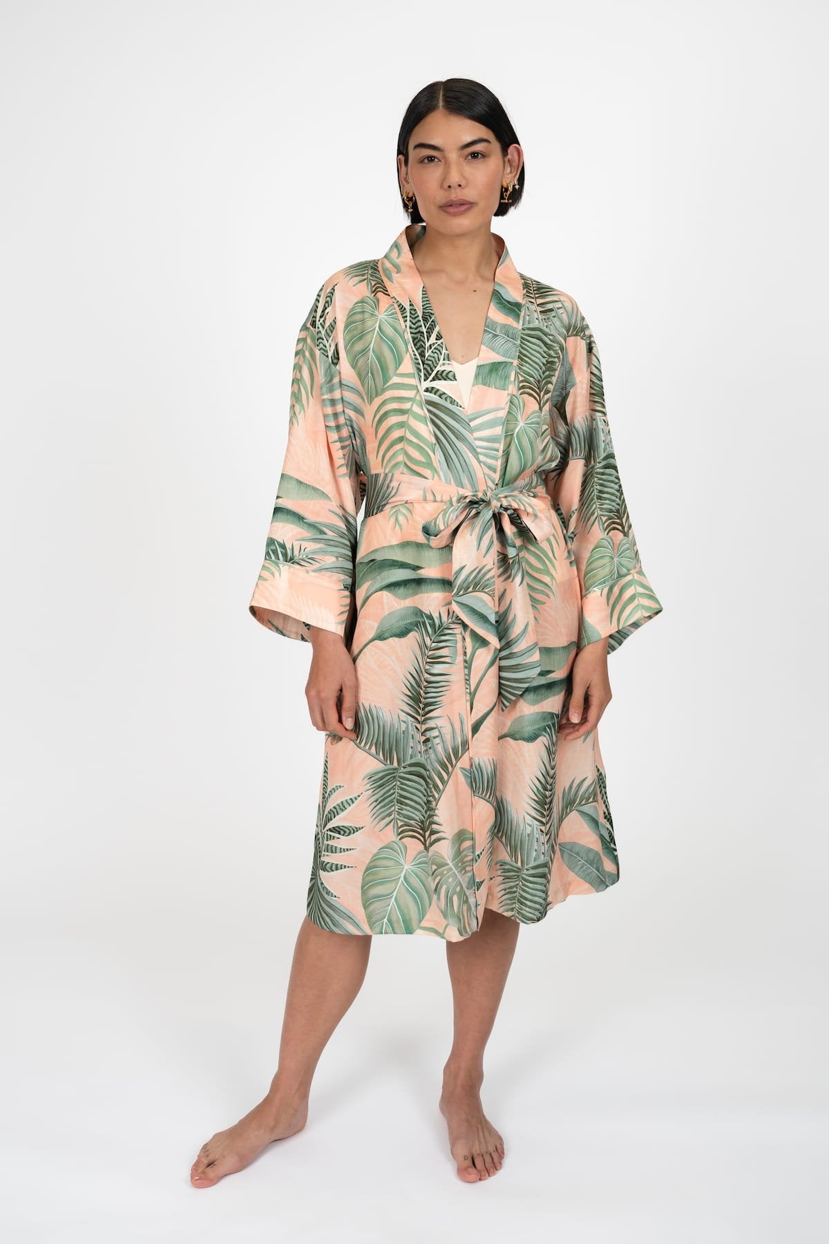 Peach Palms Kimono Robe - Front Main 2 - Luxury Kimono Robes - Orchard Moon
