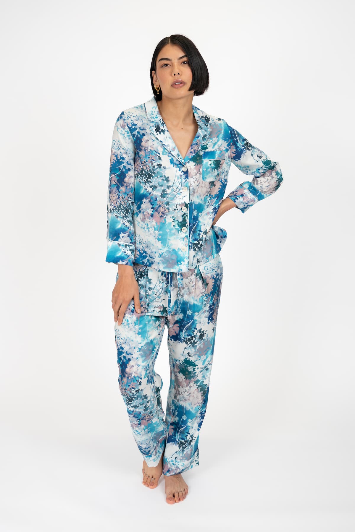 Ephemeral Bloom Luxury Pyjamas - Front 3 - Luxury Sustainable Pyjamas - Orchard Moon