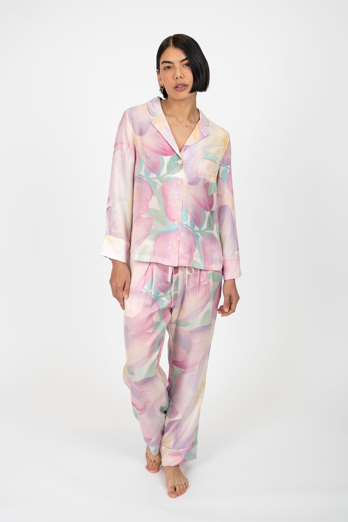 Wild Rose Luxury Pyjamas - Front 1 - Luxury Sustainable Pyjamas - Orchard Moon