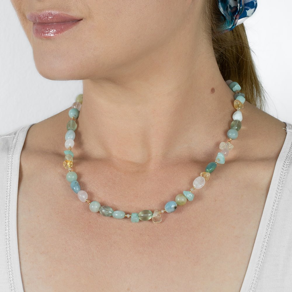 Ashavada Morganite, Blue Topaz, Amazonite, Citrine and Sun Stone Semi-Precious Gemstone Beaded Necklace