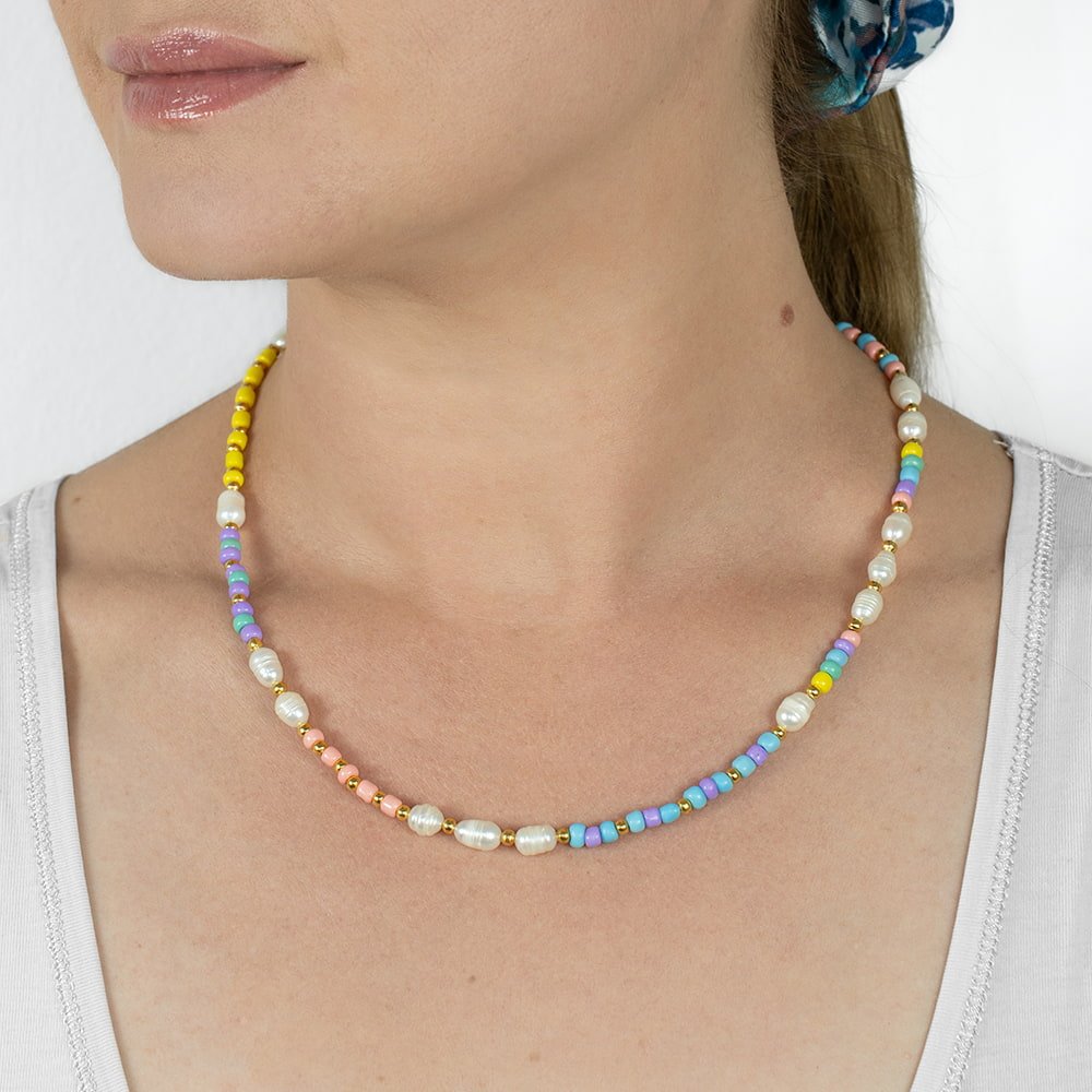 Felicity Colourful Pearl Beaded Necklace in Lemon Yellow, Lavender, Peach and Sky Blue