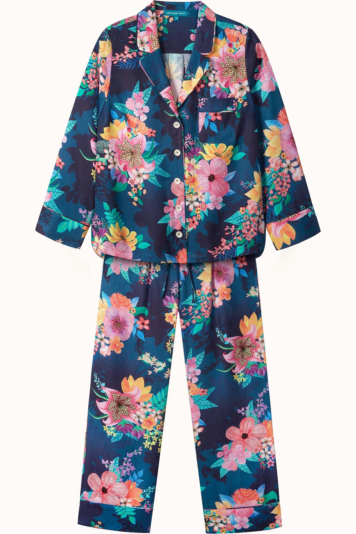 Calypso Luxury Pyjamas - Flatlay - Orchard Moon - Sustainable Luxury Loungewear