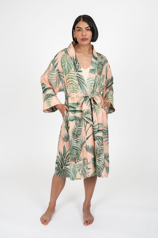 Peach Palms Kimono Robe - Front Main 1 - Luxury Kimono Robes - Orchard Moon