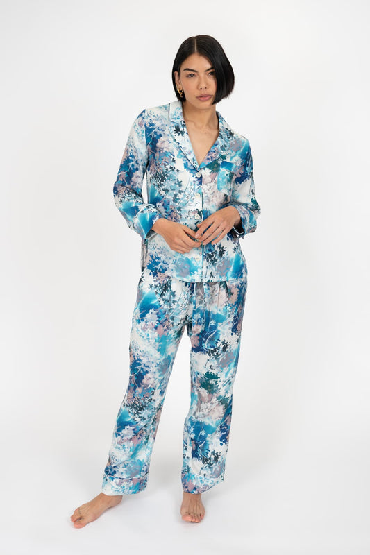 Ephemeral Bloom Luxury Pyjamas - Front 2 - Luxury Sustainable Pyjamas - Orchard Moon