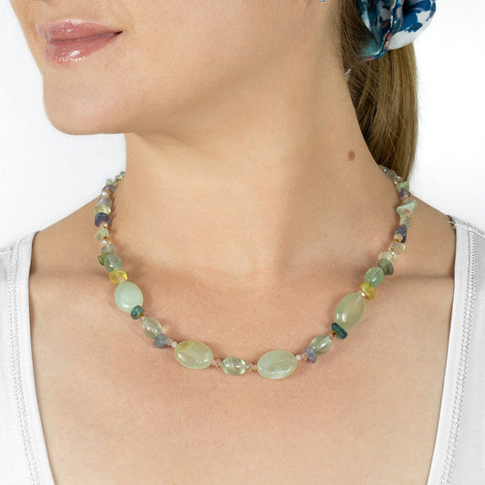 Tranquillity Jade, Blue Topaz, Fluorite and Sunstone Semi-Precious Gemstone Beaded Necklace